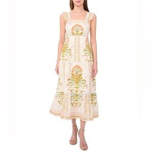 Cece Women's Natural Print Pintuck Sleeveless Midi Dres NWT Size 4,8